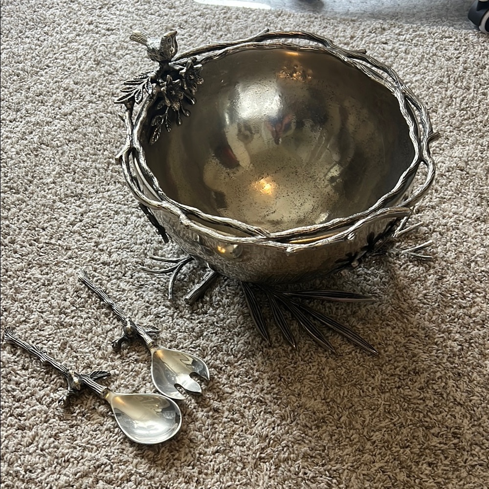 RARE COMPLETE SET! Star Home Birds & Branches Bowl Nickel-Plated Cast Aluminum